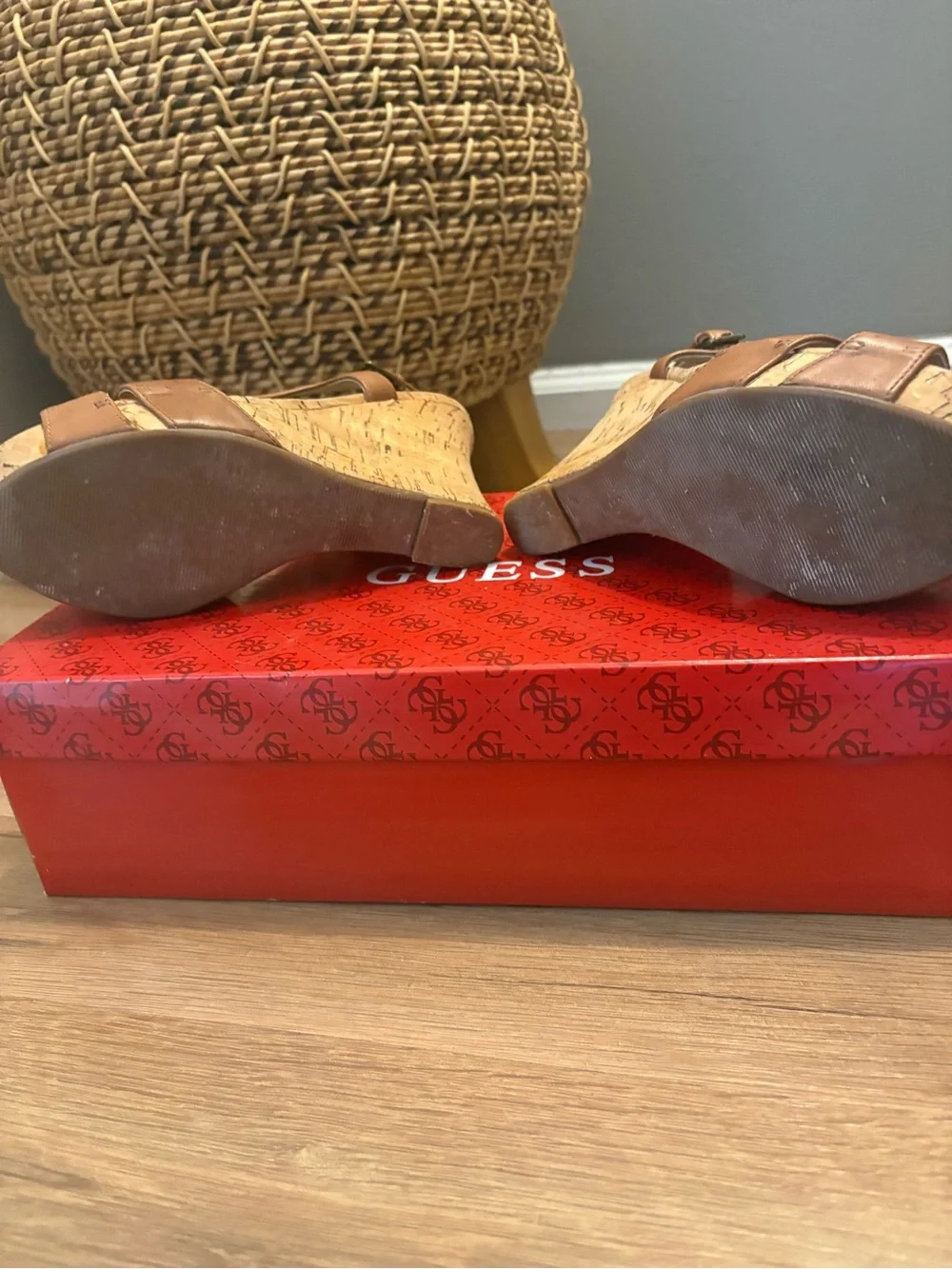 GUESS Brown Leather Cork Wedge Sandals - Slingback Strappy Style